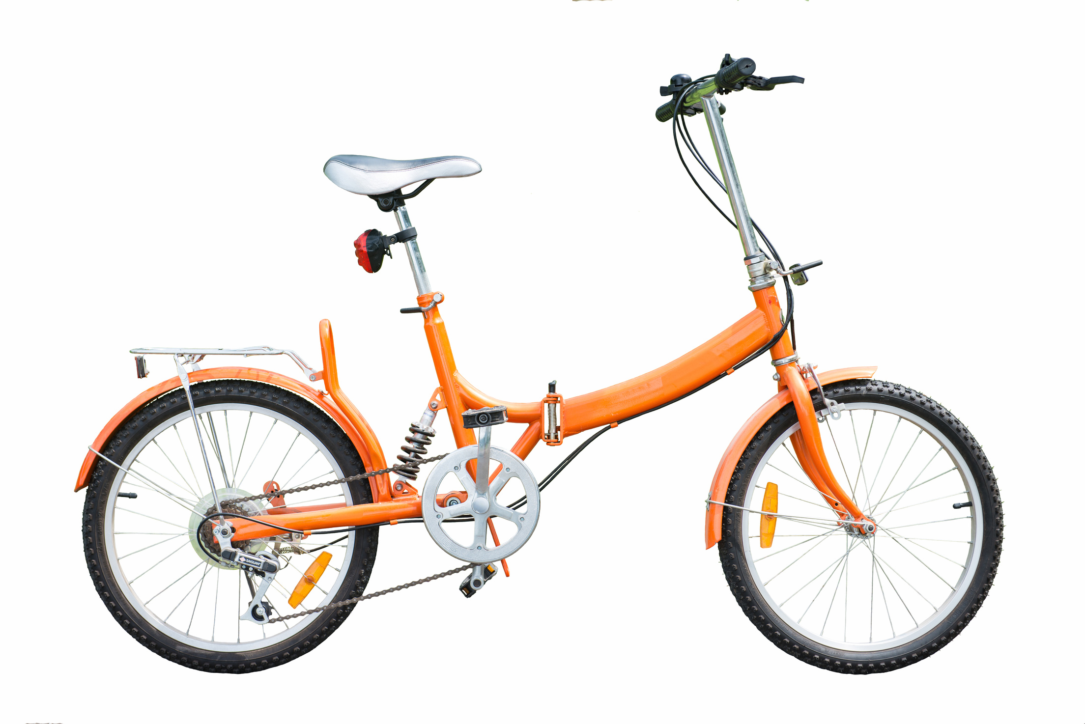 orange folding bicycles on white background