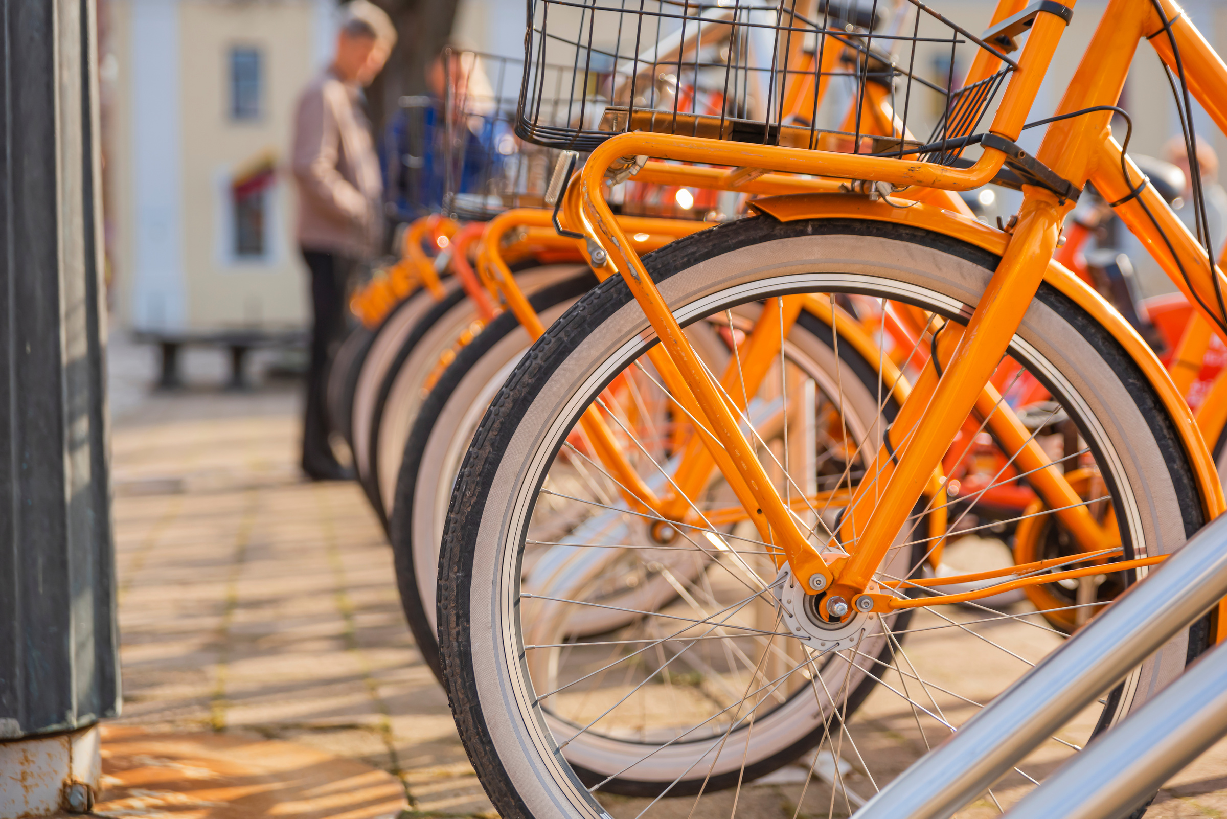 City orange bicycles, ecological transport, bicycle rental for tourists. advertising space